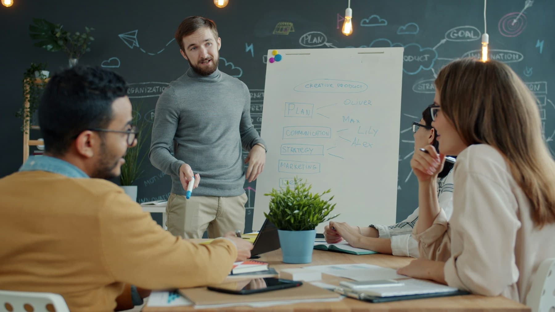 A team collaborating on plans around a whiteboard