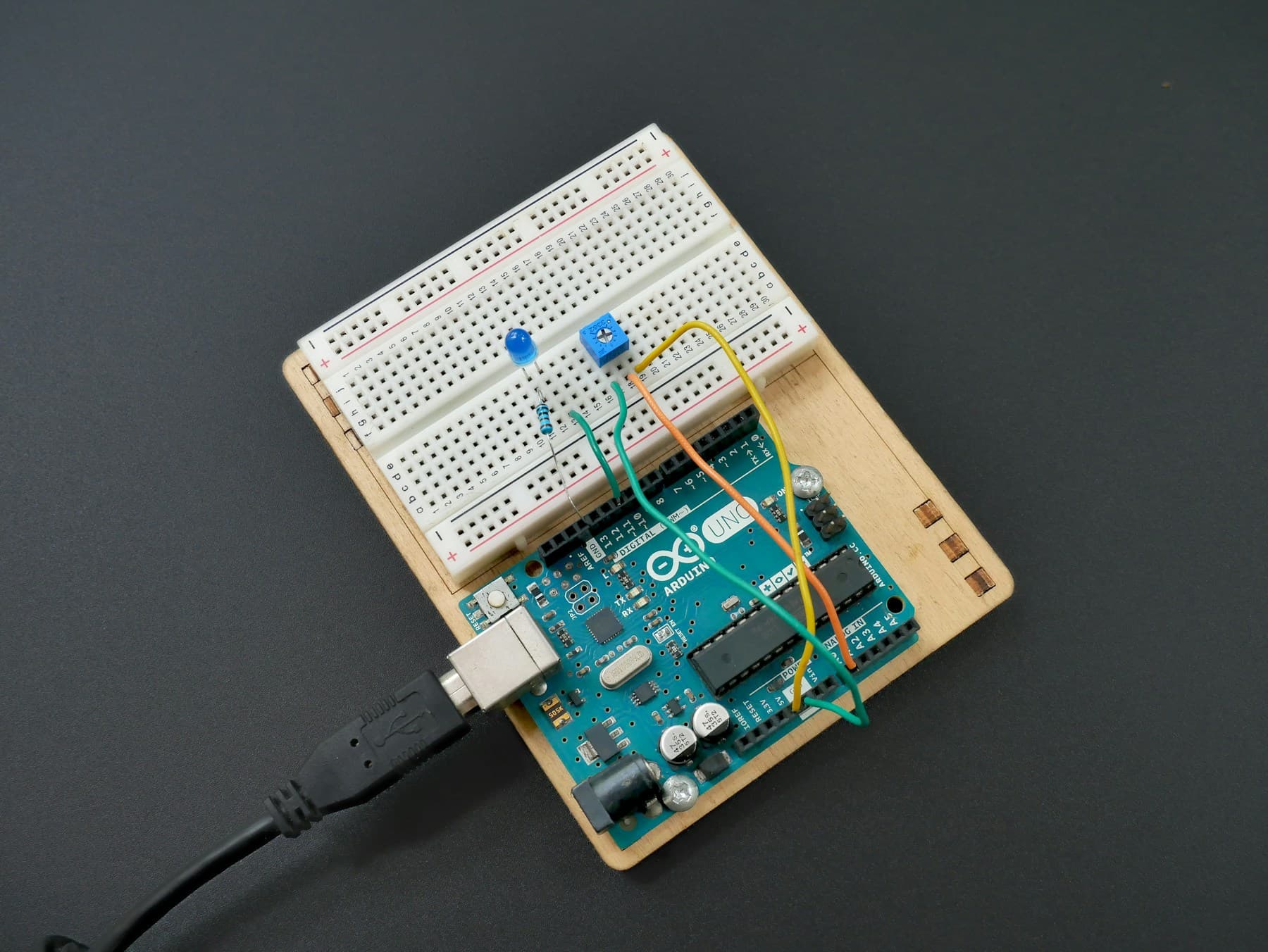 Flight electronics and a microcontroller on an engineering workbench